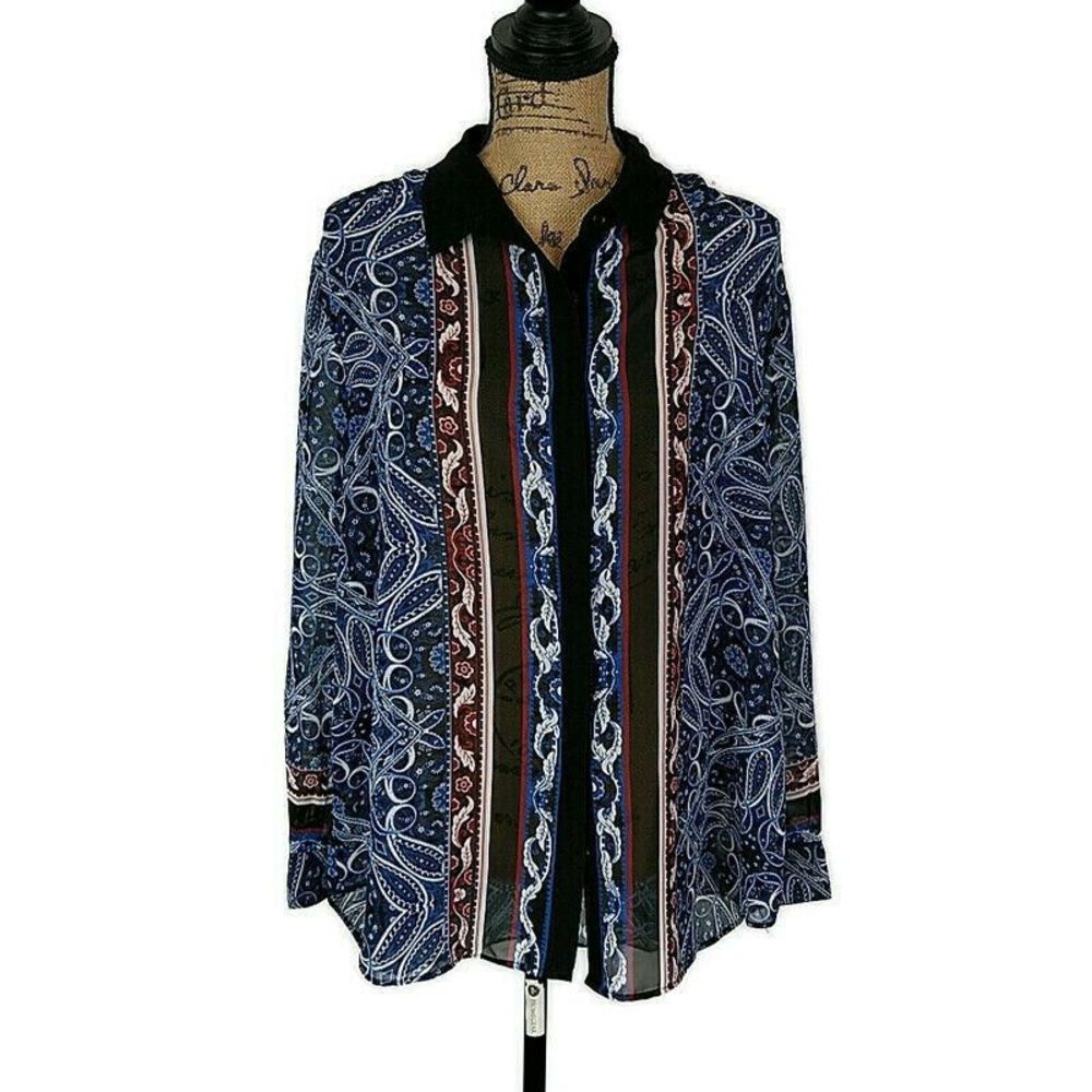 Cato Womens Plus sz 14 16 Blouse Blue Red Printed Button Up Hi Low Hem Collared